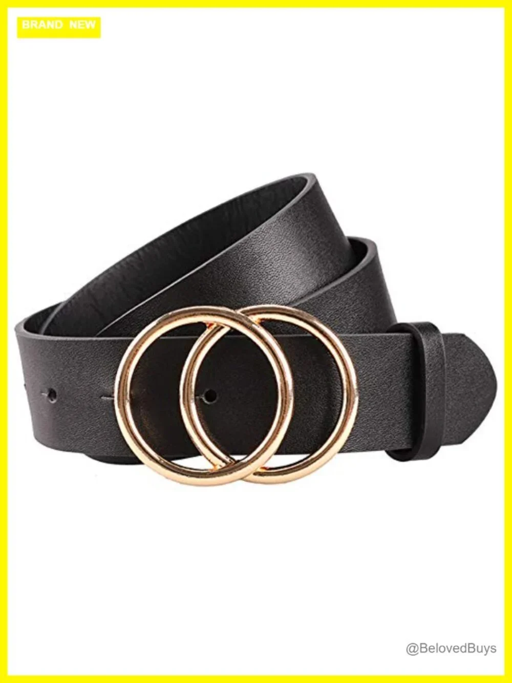 Women Faux Leather Belt Gold Double Ring Buckle Waist Belt for Jeans Dress